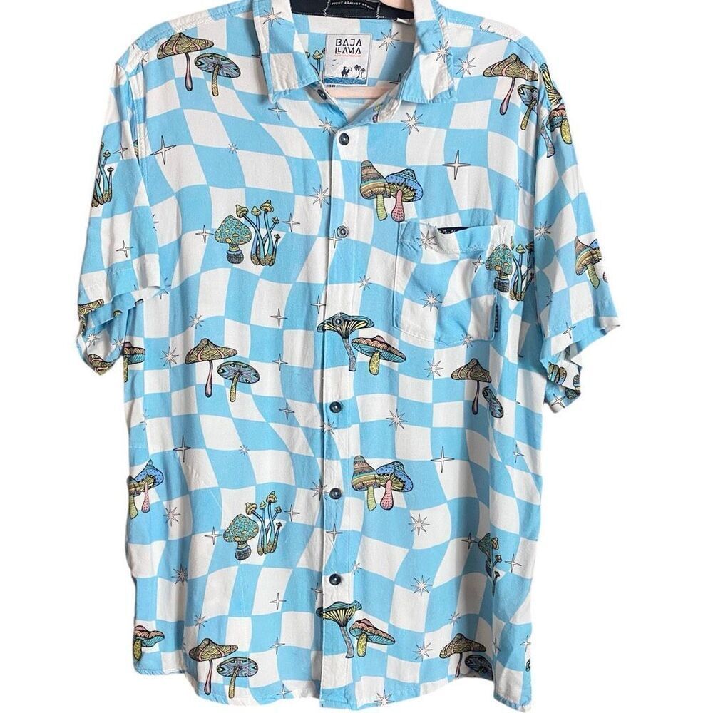 Baja Llama Mushroom Print Checkered Camp Shirt Mens XL Button Front